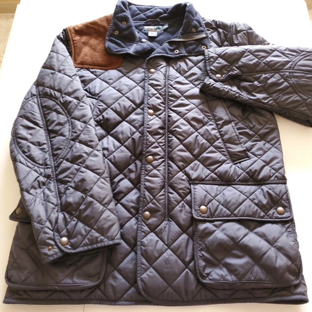Polo Ralph Lauren Mens XL Quilted Hunting Shooting Jacket Navy Snap - Picture 2 of 8